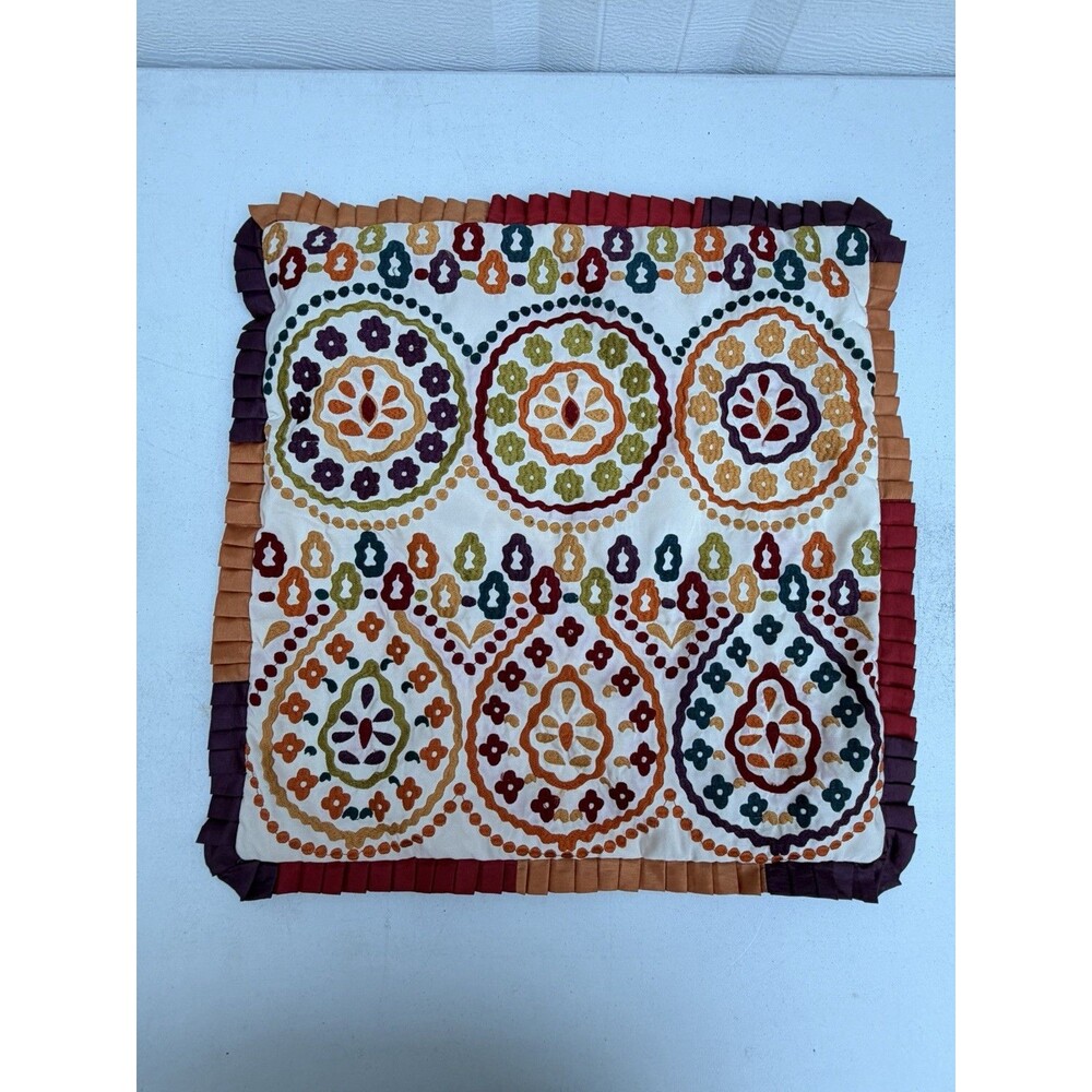 Pier 1 Embroidered Boho Medallion Pillow Cover 17x17 Multicolor Ruffle
